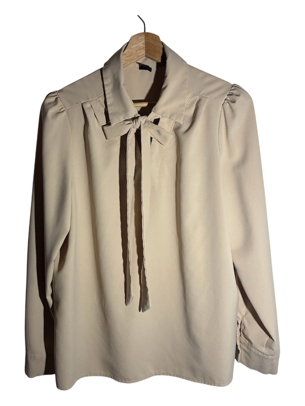 Women's Cream Tie-Neck Long Sleeve Blouse
